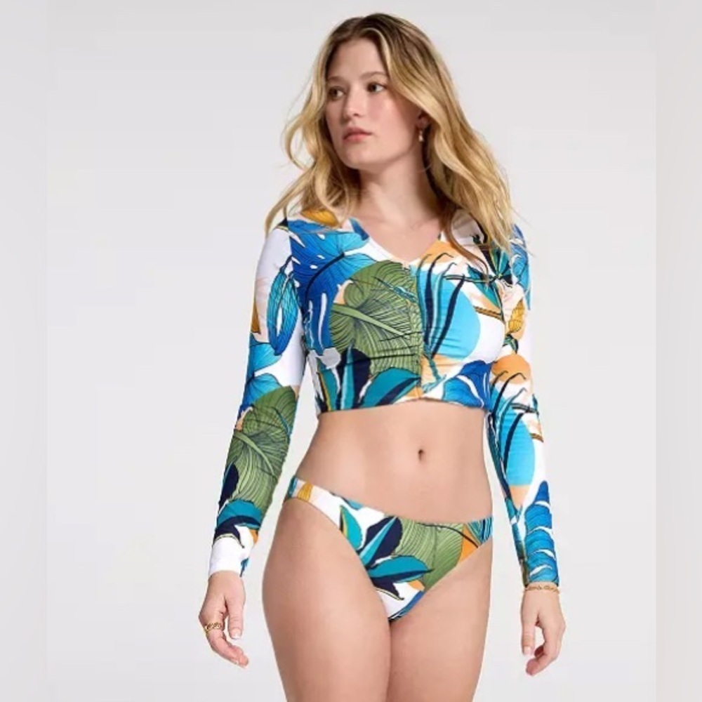 CALIA Women's Long Sleeve Ruched Swim Rashguard Botanical Print M
